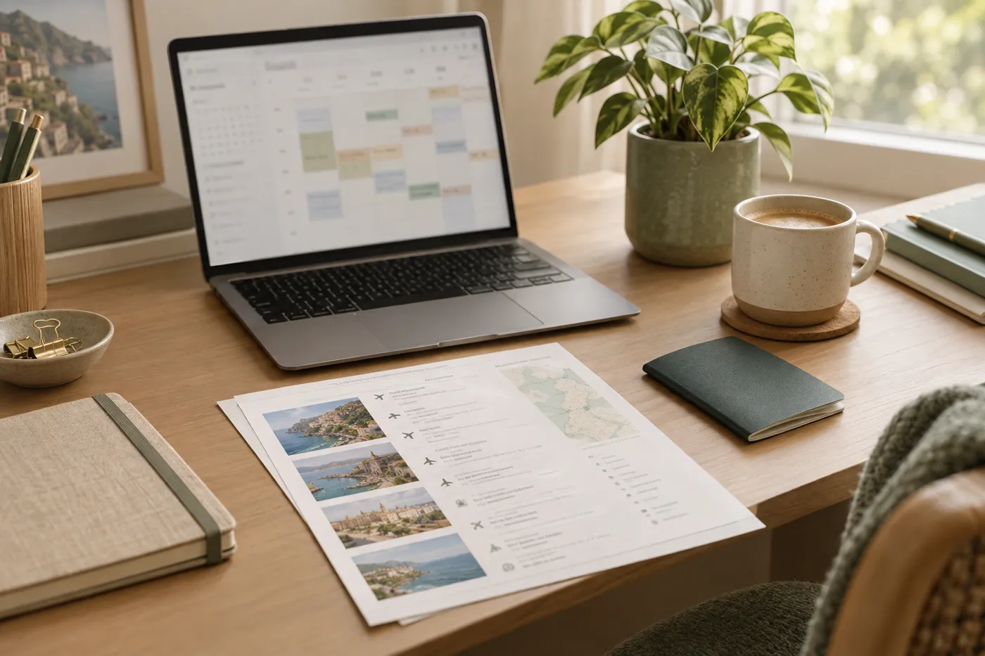A tidy desk with a laptop calendar, travel itinerary and passport
