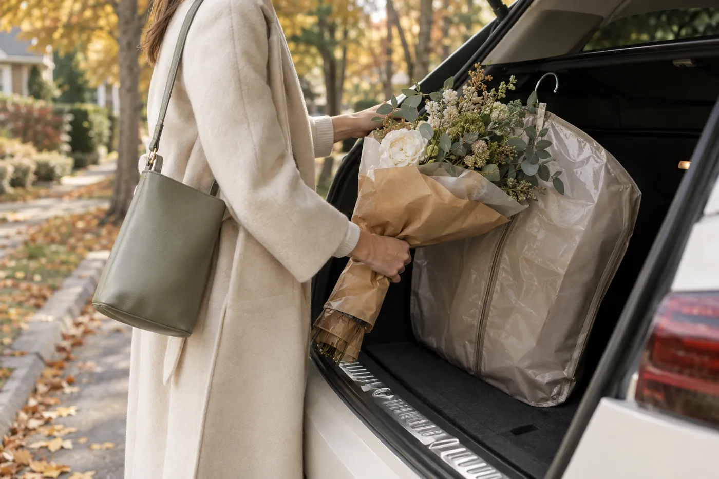 Loading flowers and a garment bag into a car on an autumn street