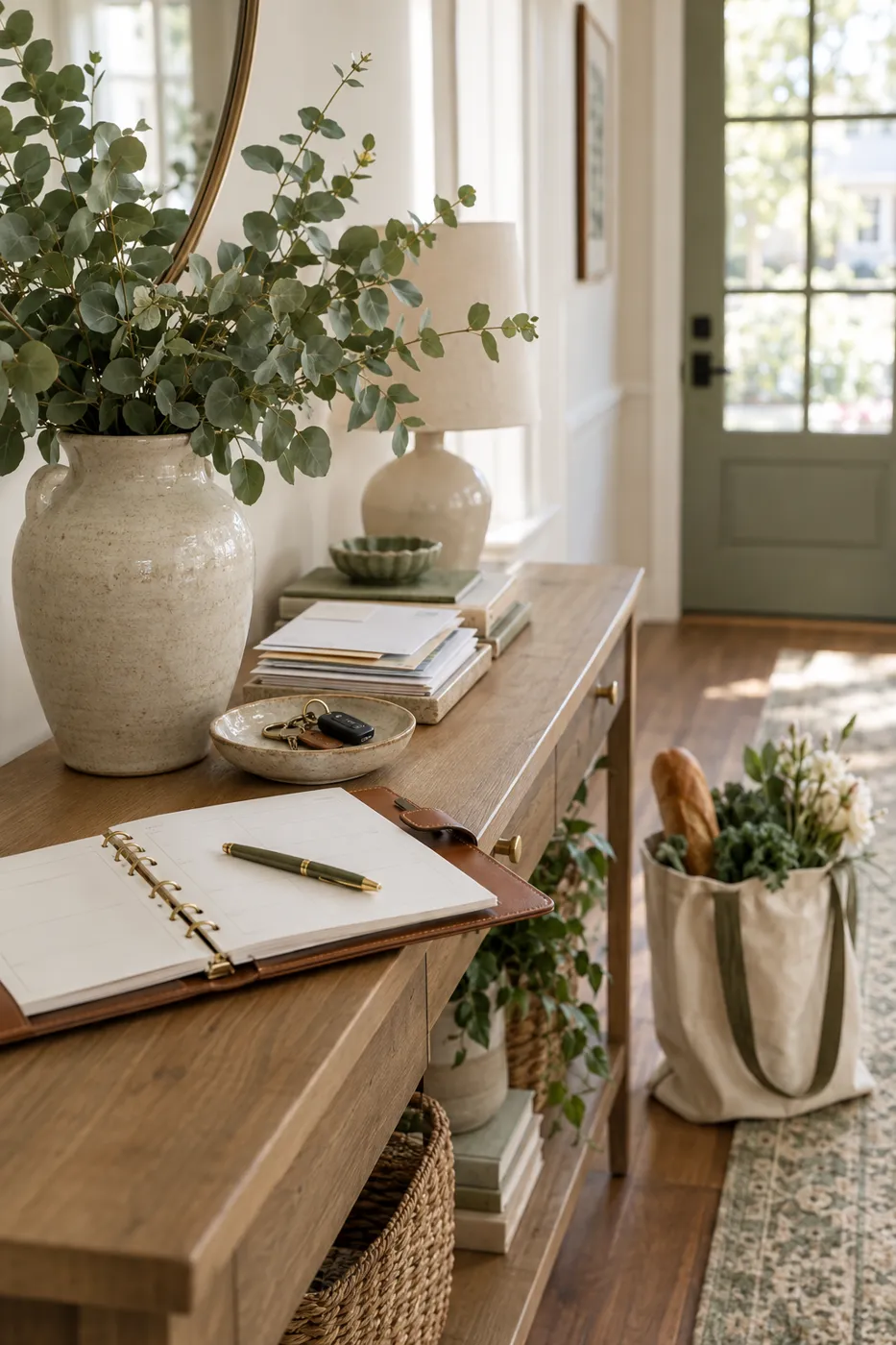 A calm, organized entryway with an open planner, fresh eucalyptus and neatly stacked mail