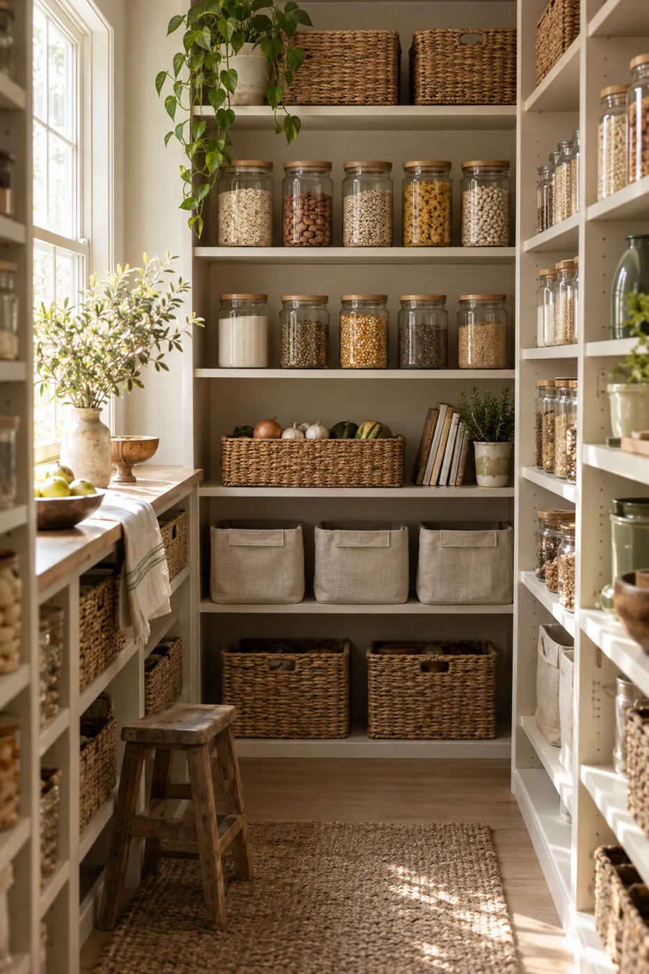 A neatly organized pantry with glass jars and woven baskets